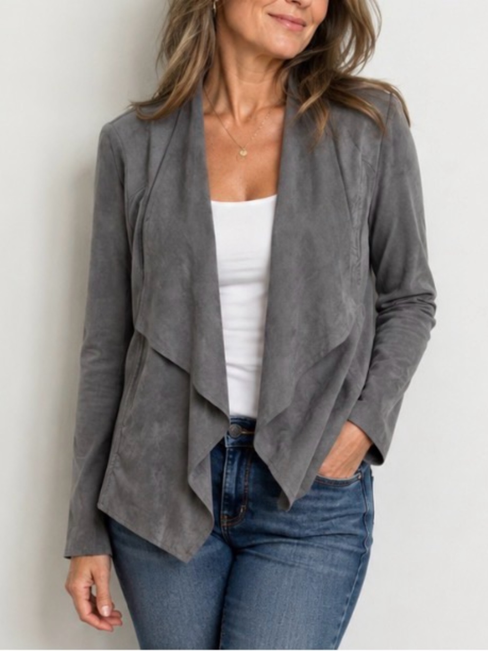 Kut from the Kloth Gray Faux Suede-Look Open Front Drape Jacket Blazer - Large
